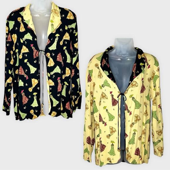 Citron Tops - CITRON reversible black/yellow silk ladies in dresses print tie front top size M